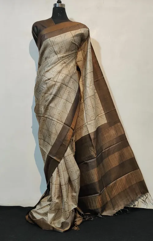 Pure Handloom Tussar Silk Saree with Hand Block & Digital Print – Silk Mark